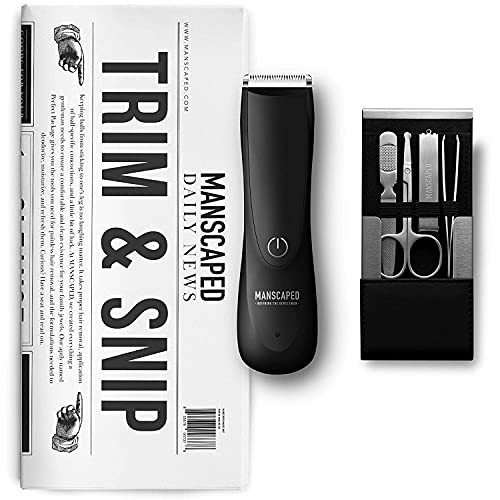 MANSCAPED™ Trim & Snip 2.0, Men's Bathroom Toiletry Grooming Tools, Includes The Lawn Mower™ 2.0 High Performance Electric Hair Trimmer, Stainless Steel 4 Piece Nail Kit and Disposable Shaving Mats