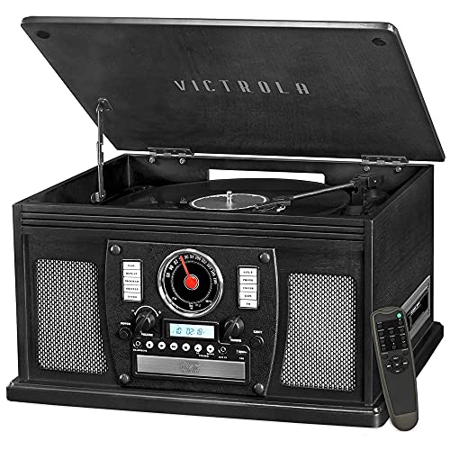 Victrola 8-in-1 Bluetooth Record Player & Multimedia Center, Built-in Stereo Speakers - Turntable, Wireless Music Streaming, Real Wood | Black, 1SFA