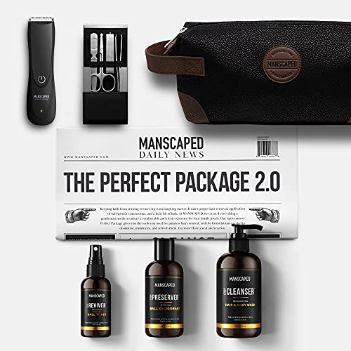 MANSCAPED™ Perfect Package 2.0 Kit: The Lawn Mower™ 2.0 Electric Groin Hair Trimmer, Ball Deodorant, Body Wash, Performance Spray-on-Body Toner, 4-Piece Luxury Nail Kit, Toiletry Bag, Shaving Mats