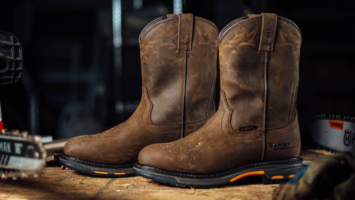 Ariat Boots Review Workhogs sitting on work bench 1