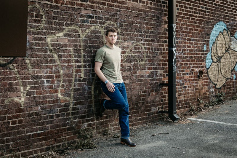 Buck Mason tee shirt and jeans outfit