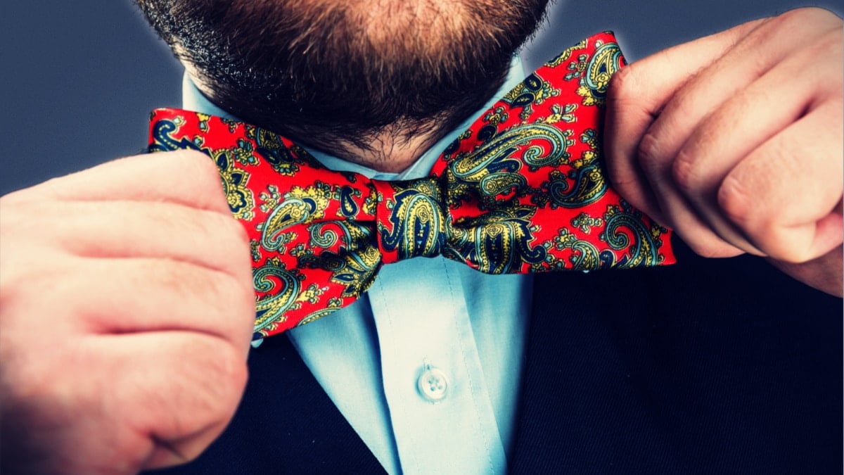 Gamma Male Man with Unkempt Beard Wearing Colorful Red Bowtie