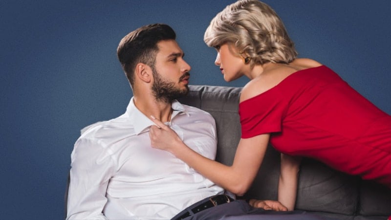 Graphic of an attractive woman in a red dress seeking out a man on a couch 1