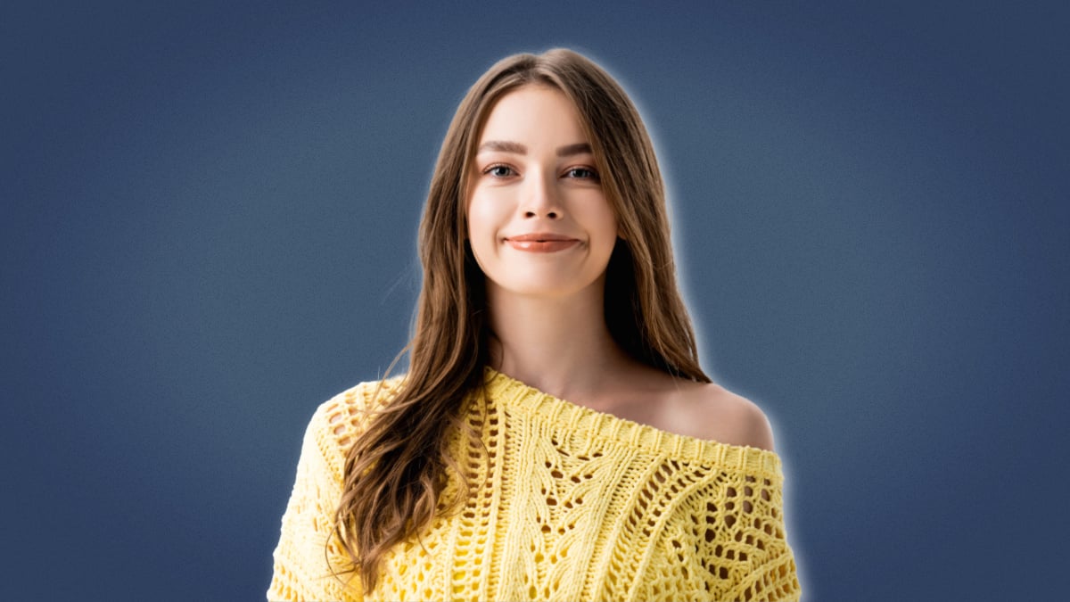 High value woman Attractive brunette girl in yellow top smiling