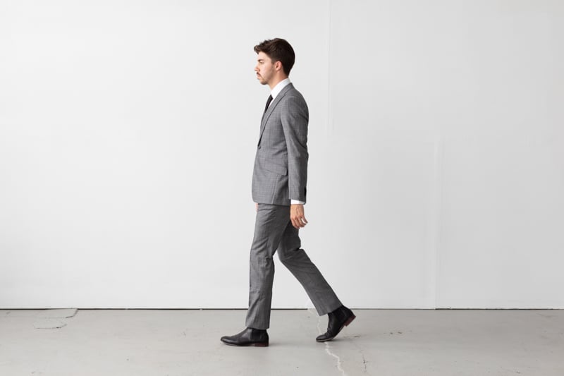 Indochino Harrogate Glen Check Suit being worn walking from side