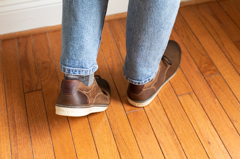 Johnston and Murphy McGuffey Plain Toe being worn with blue jeans from the back
