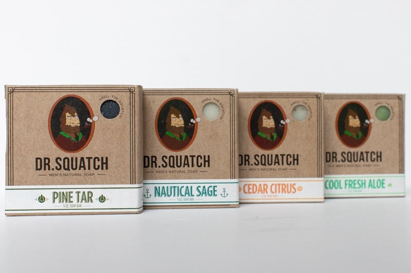 Lineup of Dr. Squatch Soaps on White background