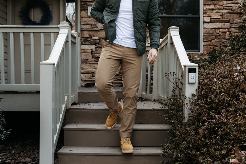 Lululemon abc pant on model walking down stairs