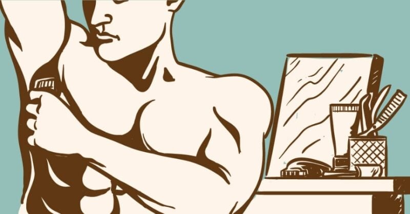 Manscaping - Cartoon of Muscular Man Shaving His Underarm Shirtless with a Mirror and Other Grooming Products In The Background