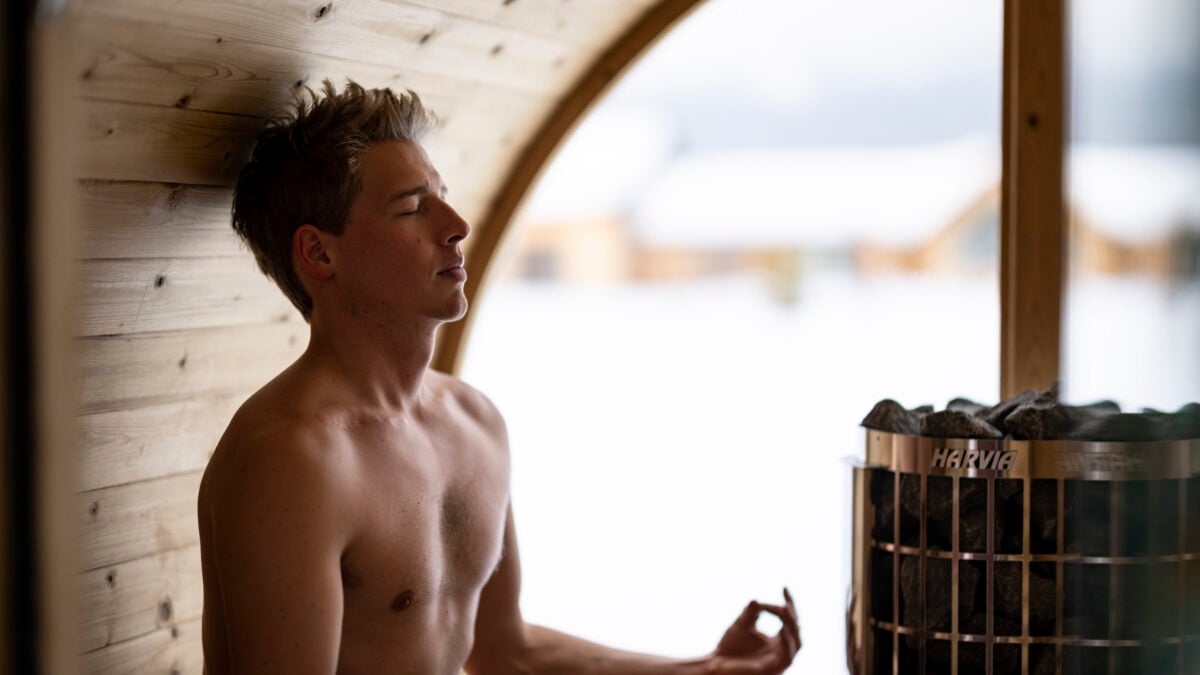 Model using Redwood Outdoors sauna