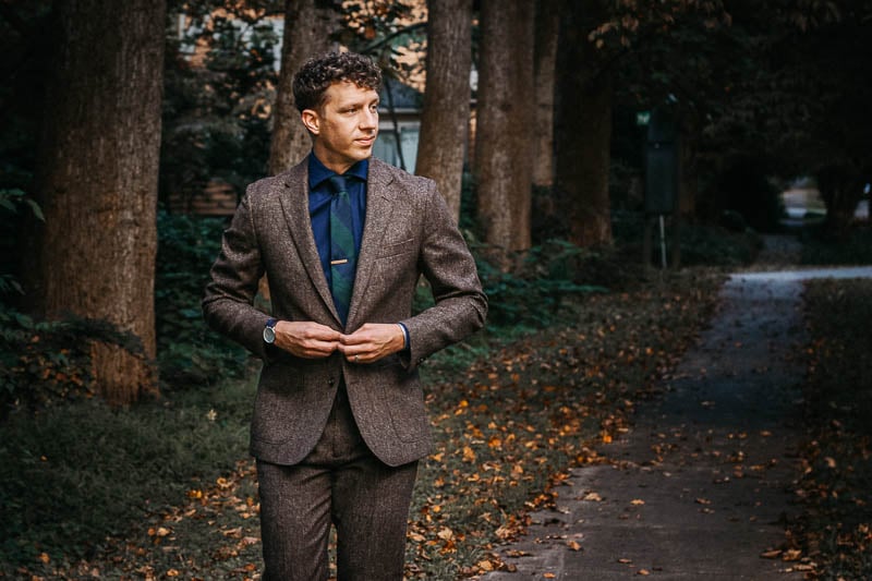 model walking JCrew Ludlow suit in brown english wool