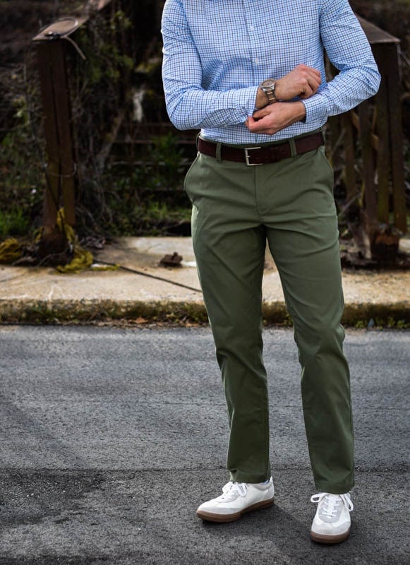 model wearing bluffworks chinos and dress shirt