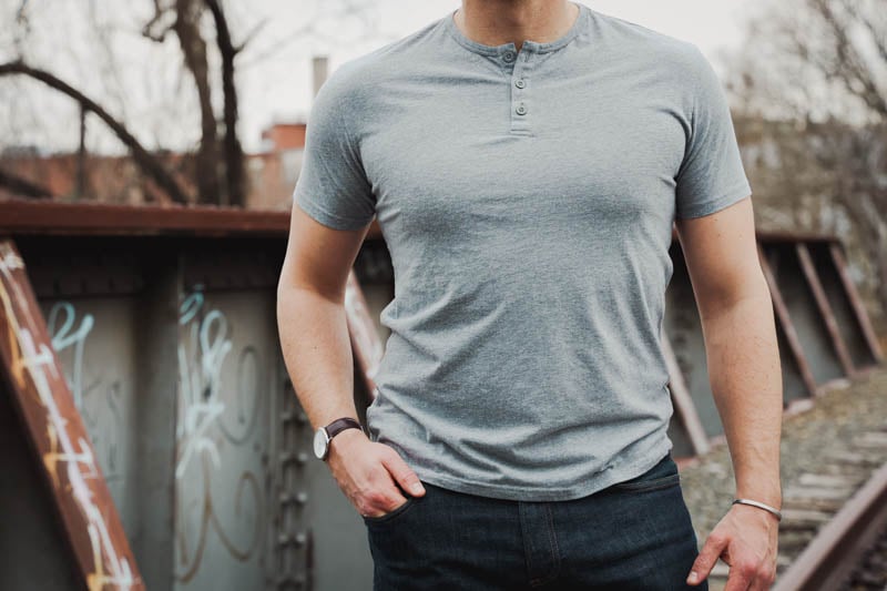 True Classic Tees grey henley on model close up