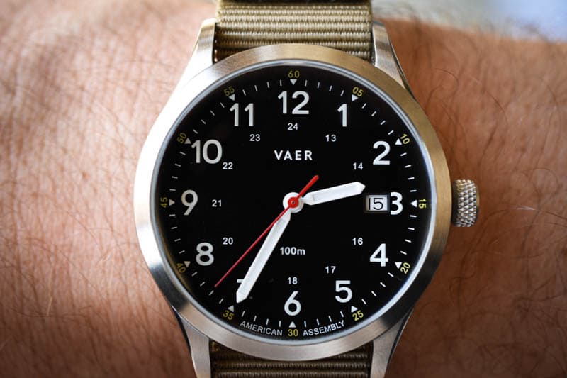 vaer c5 black heritage military field watch on model wrist