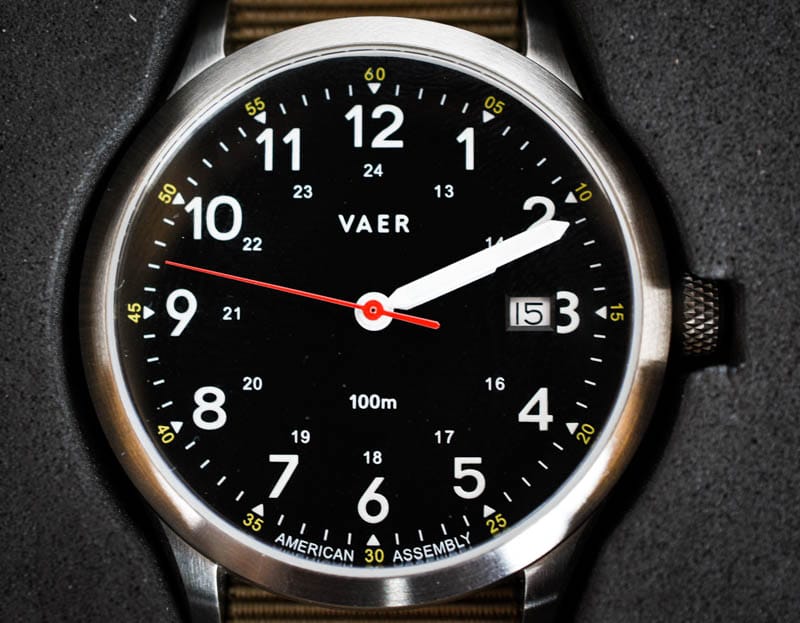 vaer c5 field heritage watch black dial closeup in packaging