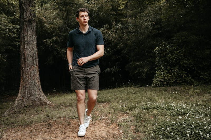 Vuori charcoal polo and ripstop shorts in olive
